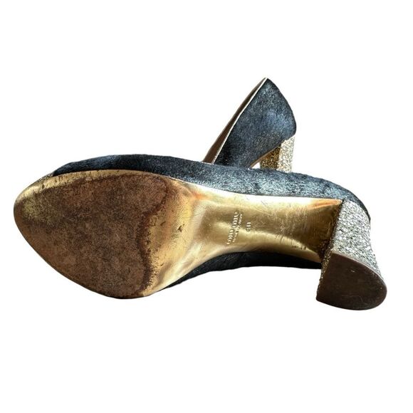 Miu Miu Black/Gold Calf Hair And Coarse Glitter Cap-Toe Block Heel Pumps Size 40 - Picture 12 of 14